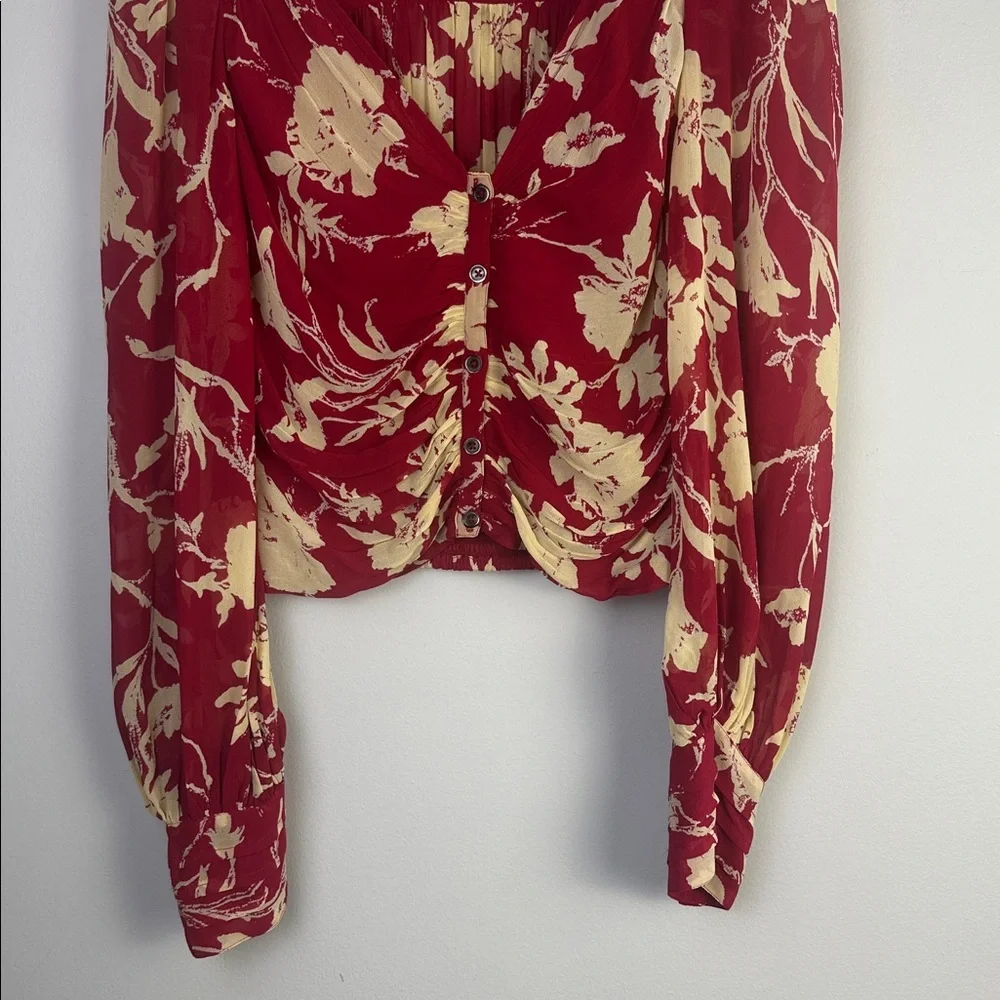 Free People Red Floral New Final Rose Cropped Shirred Blouse SM Long Sleeve Top